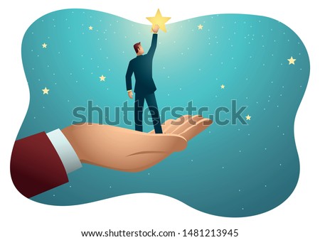 Business vector illustration of giant hand helping a businessman to reach out for the stars