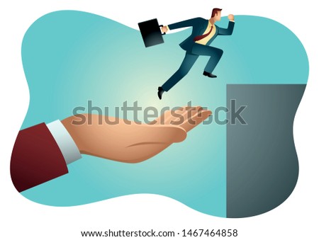 Business vector illustration of a hand helping a businessman to jump higher.