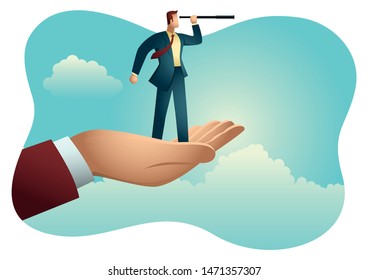 Business vector illustration of a hand holding a businessman using telescope.