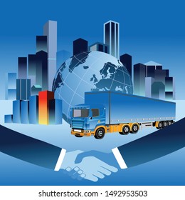 Business vector illustration. Handsshake  businessman make a successful deal on globe background  