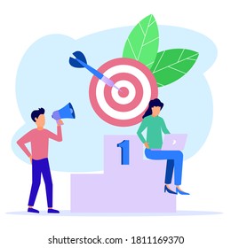 Business vector illustration, leadership qualities in a creative team, career path to success, being a winner in business, getting first place in the target.