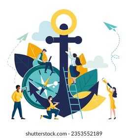 Business vector illustration. Leadership qualities in a creative team, direction on a successful path. Teamwork at the start, confident approach to work. People, teamwork, anchor, compass, business