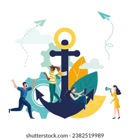 Business vector illustration. Leadership qualities in a creative team, direction on a successful path. Teamwork at the start, confident approach to work. People, teamwork, anchor, compass, business