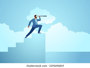 Business vector illustration of a man using telescope on stairs