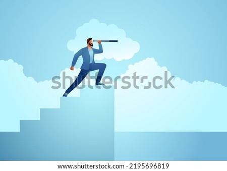 Business vector illustration of a man using telescope on stairs