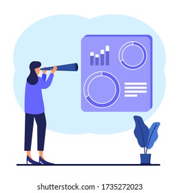 Business vector illustration, office worker studying infographics, analysis, income, evolution scale.
