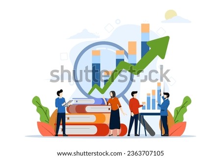 business vector illustration, office worker is studying infographics, evolution scale vector analysis. business infographics. business team doing business graph analysis. flat vector illustration.