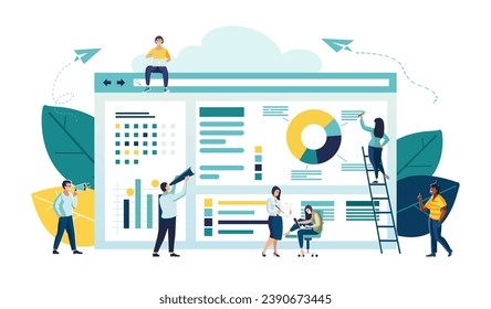 Business vector illustration, office workers study infographics, analysis of the evolutionary scale of business development. People, workers analyse digital business material on the monitor.background