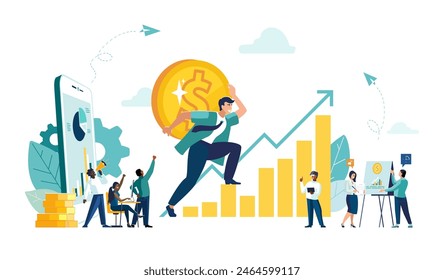 Business vector illustration, office workers studying infographics. Business people, ethnic, evolutionary scale analysis, network promotion, finding new ideas, teamwork in a company, brainstorming