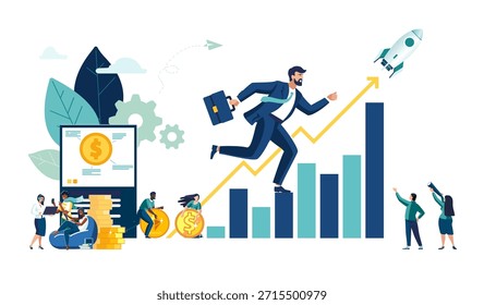 Ilustración vectorial empresarial, oficinistas estudiando infografías. Gente de negocios, etnia, análisis de crecimiento financiero, desarrollo de negocios, encontrar nuevas ideas, trabajo en equipo en la empresa, lluvia de ideas