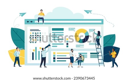 Business vector illustration, office workers study infographics, analysis of the evolutionary scale of business development. People, workers analyse digital business material on the monitor.background