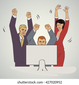 business vector illustration with ofice people raise hands and happy