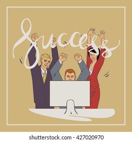 business vector illustration with ofice people handwriting lettering word success