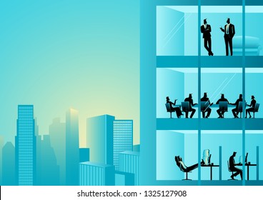 Business vector illustration of people working at office building