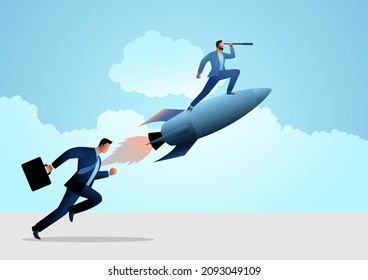 Business vector illustration of a running businessman racing with a man on rocket