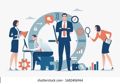 Business Vector Illustration. The Sales Team Works Around The Clock.