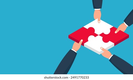 Business Vector Illustration of Teamwork Achieving Success Challenge or Target. Hand Drawn Puzzle Character Concept and Blue Background Space