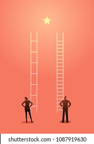 Business vector illustration of unfair competition between businesswoman and businessman, inequality or privilage in business concept