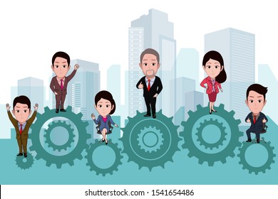 
business vector illustration. business wheels that are run in teamwork by business people. with illustrations of groups of people standing on cogs with an urban city background.