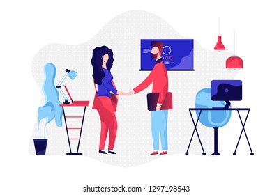 Business Vector Illustration.A freelancer girl shakes hands with her new employer. Vector, flat illustration for web.