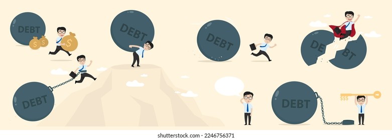 Business vector illustrations. Collection of businessman or employee taking part in giant steel ball with debt message. Business debt concept