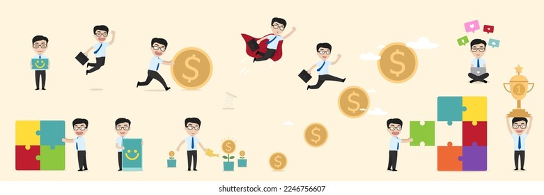 Business vector illustrations. Collection of businessman or employee taking part in business activities. Vector illustration