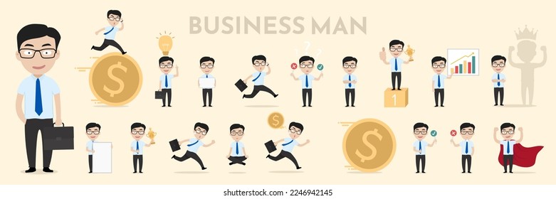 Business vector illustrations. Collection of businessman or employee taking part in business activities. Vector illustration