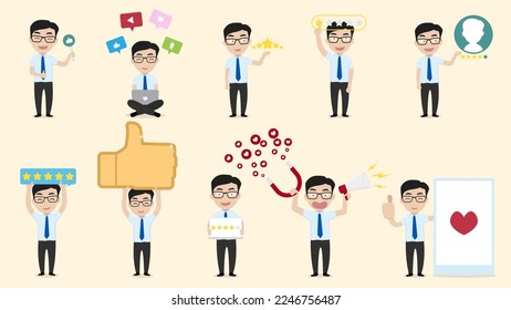 Business vector illustrations. Set of employee taking part in social media activities. Vector illustration