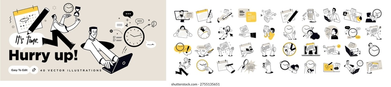 Business vector illustrations of time management, business planning, time and events, schedule and deadline, calendar. Concepts for graphic and web design, social media and marketing.