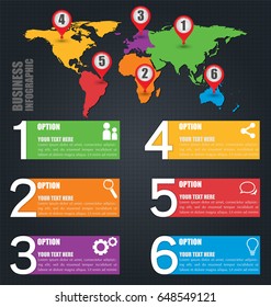 Business Vector Info graphic Design Template With Six Option Numbers And World Map, Info graphic Concept, Credit World Map by NASA