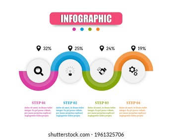 Plantilla circular de diseño infográfico de vector de negocio con cuatro pasos. La infografía del plan de concepto de semicírculo presenta las opciones de la plantilla 4. Use presenta el diseño del flujo de trabajo, indicando los detalles de cada paso.