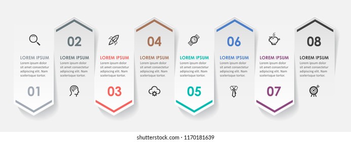 Business vector Infographic design template with icons and 8 options or steps.  Can be used for process diagram, presentations, workflow layout, banner, flow chart, info graph.