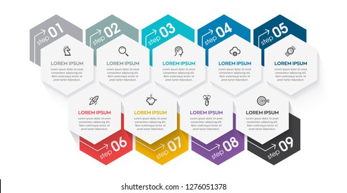 Business vector Infographic design template with icons and 9 options or steps.  Can be used for process diagram, presentations, workflow layout, banner, flow chart, info graph.