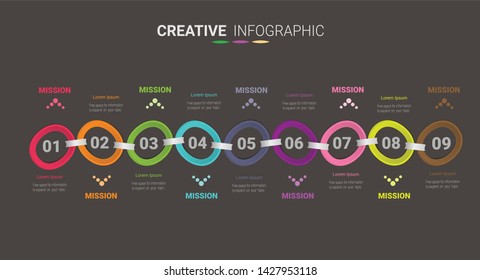 Business vector Infographic design template with icons and 9 options or steps. Can be used for process diagram, presentations, workflow layout, banner, flow chart, info graph.