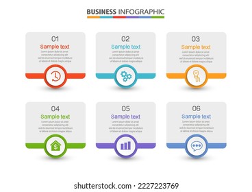 Plantilla de diseño infográfico de vector de negocio con iconos y 6 opciones o pasos. Se puede utilizar para el diagrama de procesos, presentaciones, diseño de flujo de trabajo, banner, diagrama de flujo, gráfico de información