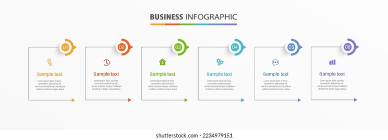 Plantilla de diseño infográfico de vector de negocio con iconos y 6 opciones o pasos. Se puede utilizar para el diagrama de procesos, presentaciones, diseño de flujo de trabajo, banner, diagrama de flujo, gráfico de información