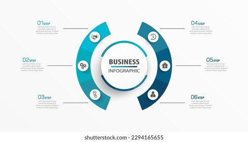 Business vector infographic design template with icons and 6 options or steps. Can be used for process diagram, presentations, workflow layout, banner, flow chart, info graph