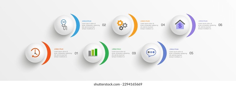 Plantilla de diseño infográfico de vector de negocio con iconos y 6 opciones o pasos. Se puede utilizar para el diagrama de procesos, presentaciones, diseño de flujo de trabajo, banner, diagrama de flujo, gráfico de información