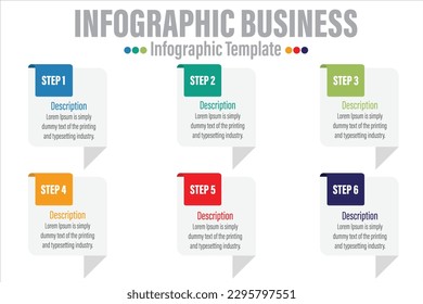 Business vector infographic design template with Six 6 Steps and Six 6 options or steps. Can be used for process diagram, presentations, workflow layout, banner, flow chart, info graph