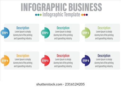 Business vector infographic design template with Six 6 Steps and Six 6 options or steps. Can be used for process diagram, presentations, workflow layout, banner, flow chart, info graph