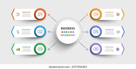 Plantilla de diseño infográfico de vector de negocio con iconos y 6 opciones o pasos. Se puede utilizar para el diagrama de procesos, presentaciones, diseño de flujo de trabajo, banner, diagrama de flujo, gráfico de información