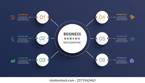 Business vector infographic design template with icons and 6 options or steps. Can be used for process diagram, presentations, workflow layout, banner, flow chart, info graph