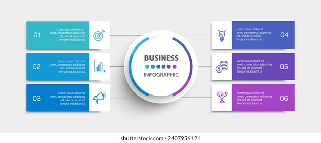 Business vector infographic design template with icons and 6 options or steps. Can be used for process diagram, presentations, workflow layout, banner