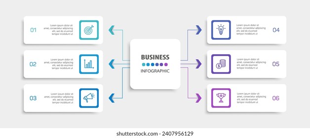 Business vector infographic design template with icons and 6 options or steps. Can be used for process diagram, presentations, workflow layout, banner