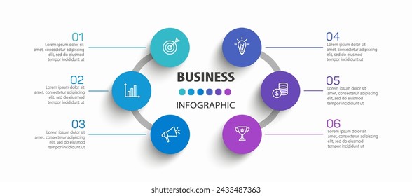 Business vector infographic design template with icons and 6 options or steps. Can be used for process diagram, presentations, workflow layout, banner, flow chart, info graph