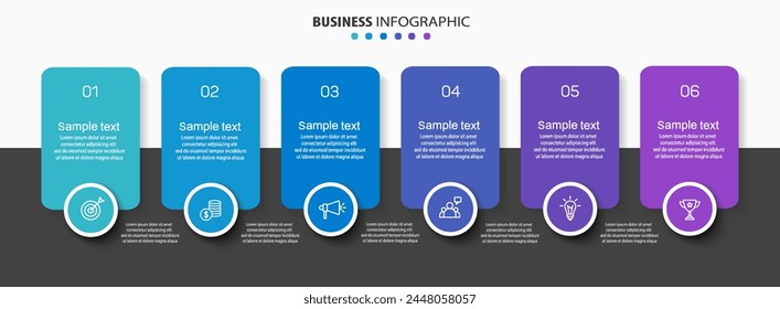 Business Vektorgrafik Infografik Design Vorlage mit Symbolen und 6 Optionen oder Schritte. Kann für Prozessdiagramme, Präsentationen, Workflow-Layout, Banner, Flussdiagramm, Infografik verwendet werden