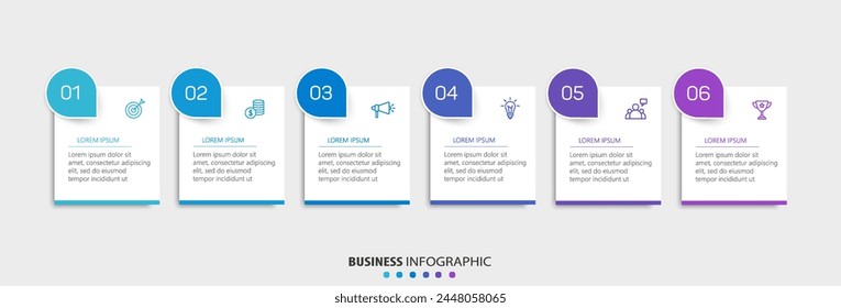 Business Vektorgrafik Infografik Design Vorlage mit Symbolen und 6 Optionen oder Schritte. Kann für Prozessdiagramme, Präsentationen, Workflow-Layout, Banner, Flussdiagramm, Infografik verwendet werden