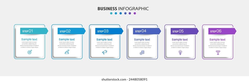 Business vector infographic design template with icons and 6 options or steps. Can be used for process diagram, presentations, workflow layout, banner, flow chart, info graph