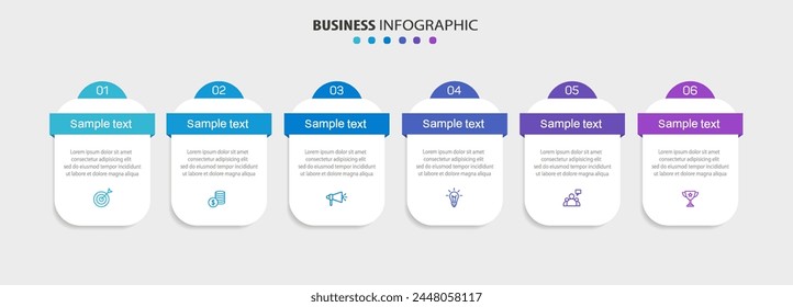 Business vector infographic design template with icons and 6 options or steps. Can be used for process diagram, presentations, workflow layout, banner, flow chart, info graph