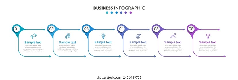  Business vector infographic design template with icons and 6 options or steps. Can be used for process diagram, presentations, workflow layout, banner, flow chart, info graph